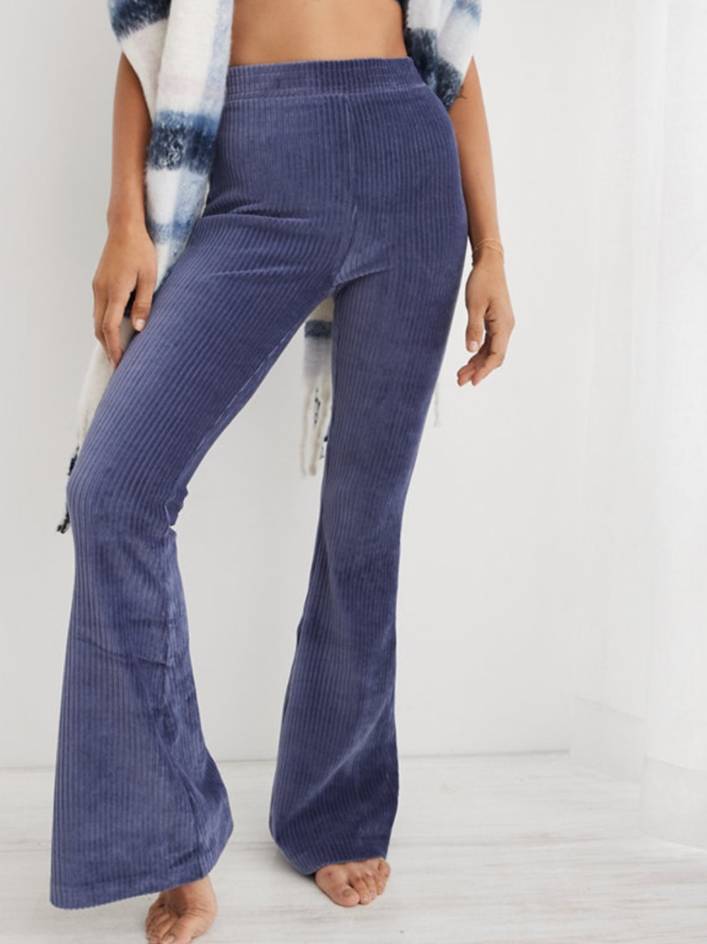 Aerie Navy Velour Groove on High Waisted Flared Pants